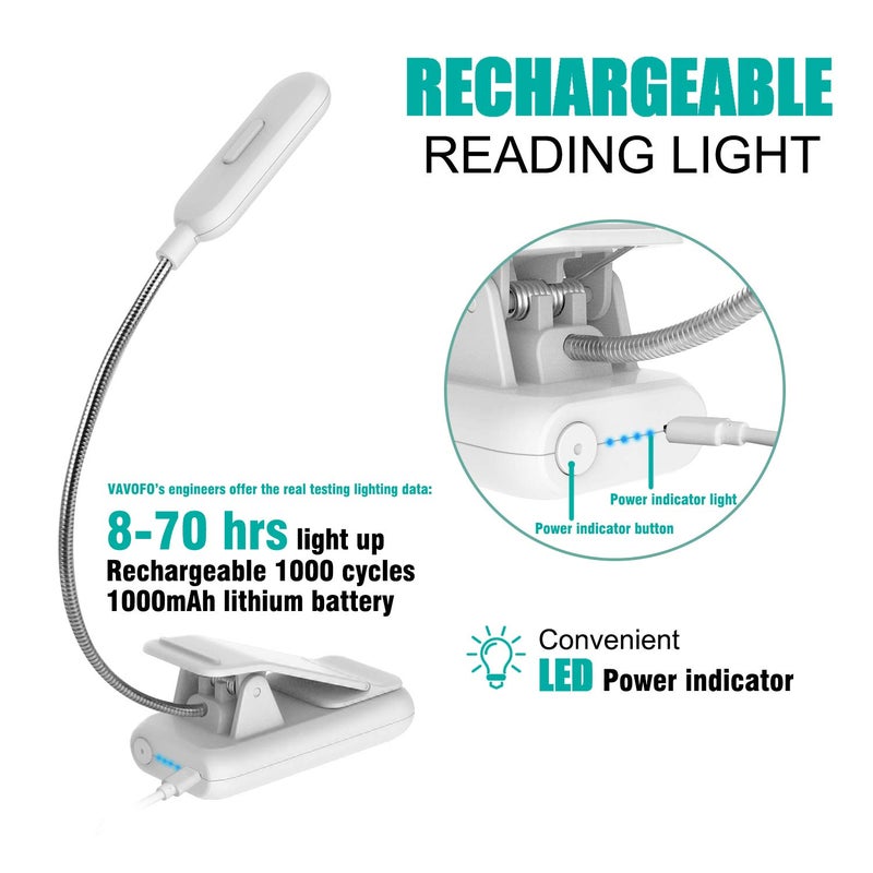 VAVOFO Clip On Rechargeable Reading Light, 7 LEDs with 3 Colortemperature 9 Brightness Levels Book Lights for Reading in Bed with Power Indicator for Bookworms Black (white1-Pack) - Image 4